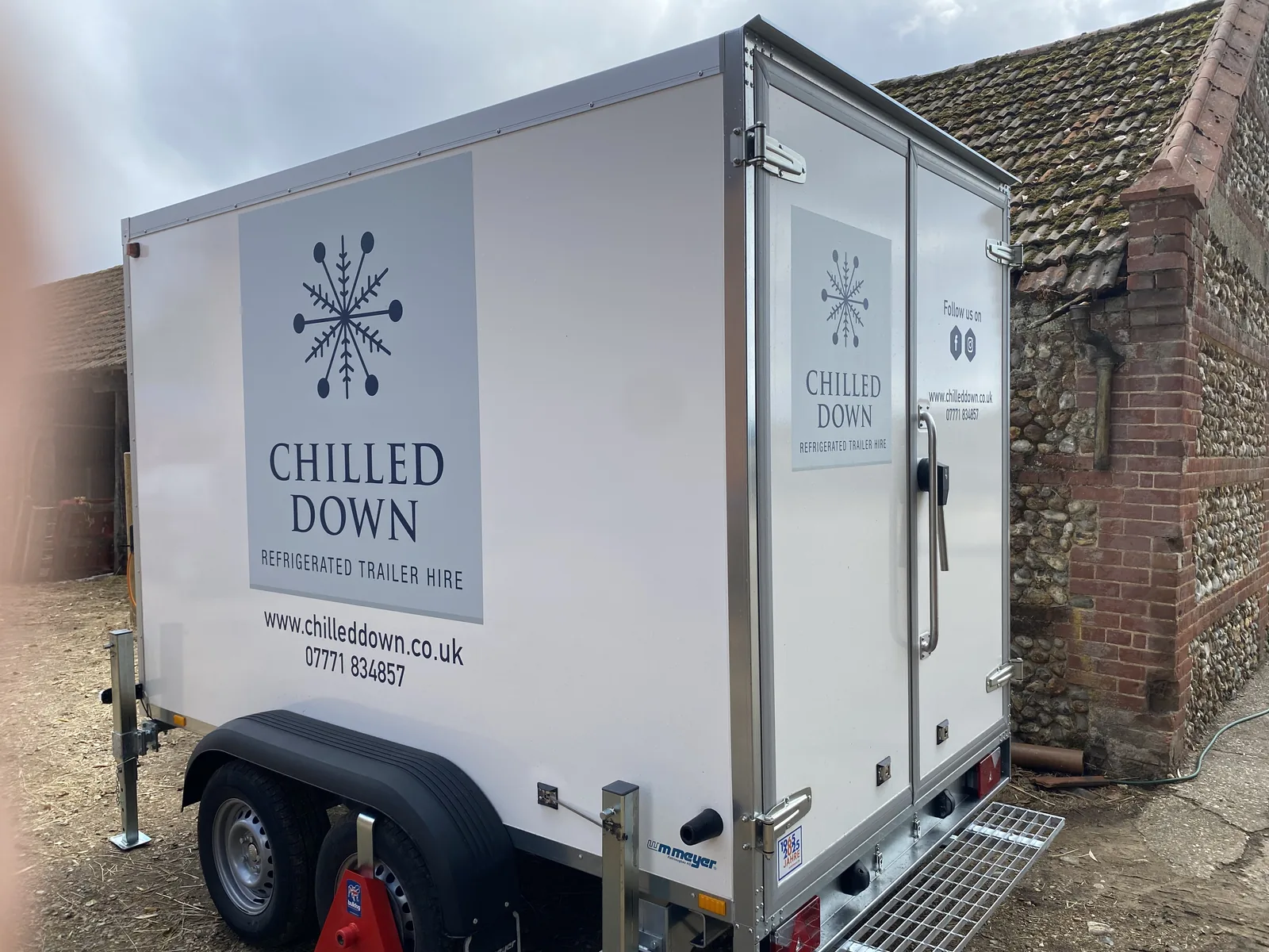 Chilled Down refrigerated trailer rear view showing branding and contact details at wedding in Worthing