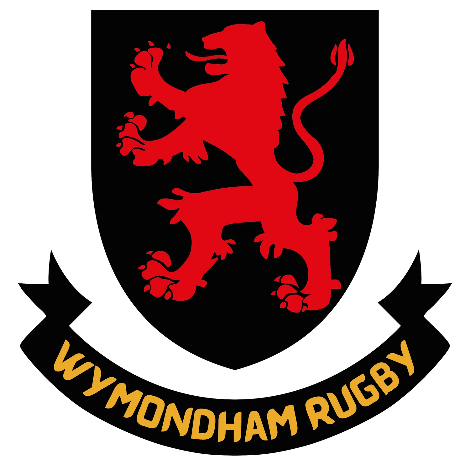 Wymondham Rugby Club crest with red lion on black shield