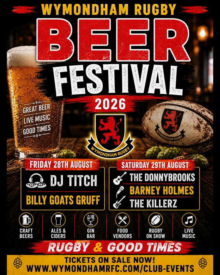 Wymondham Rugby Club Beer Festival poster showing event details