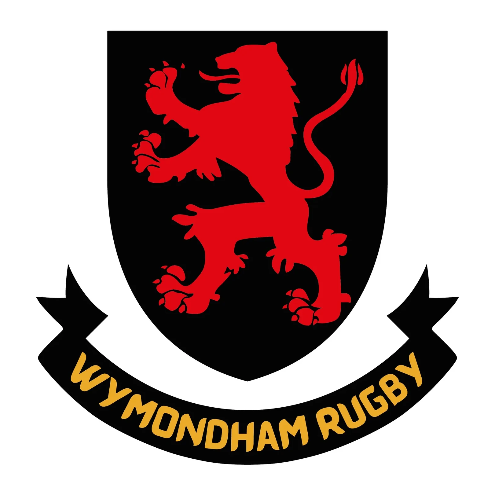 Wymondham Rugby Club crest with red lion on black shield